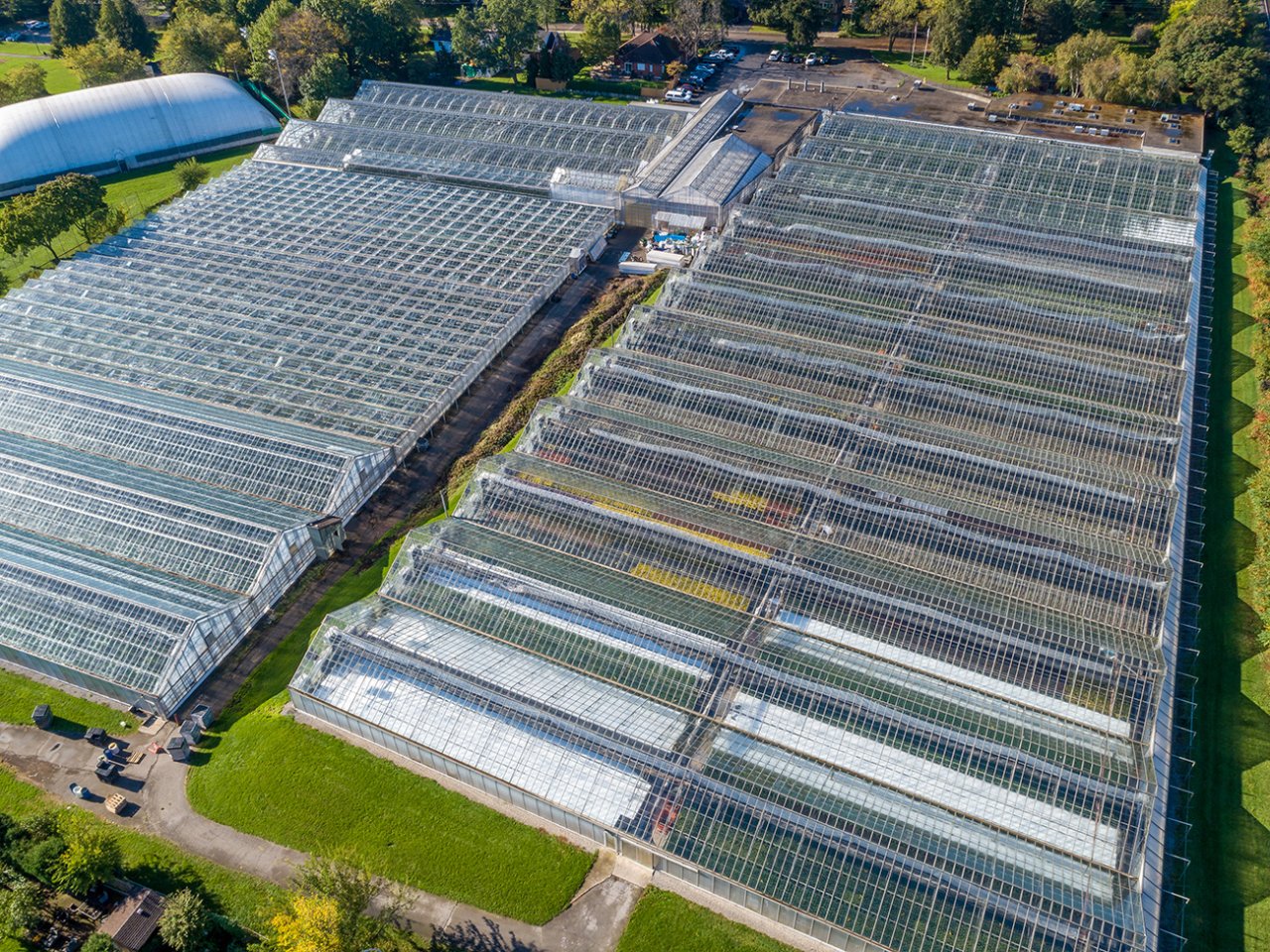 Aerial view of the greenhouses.